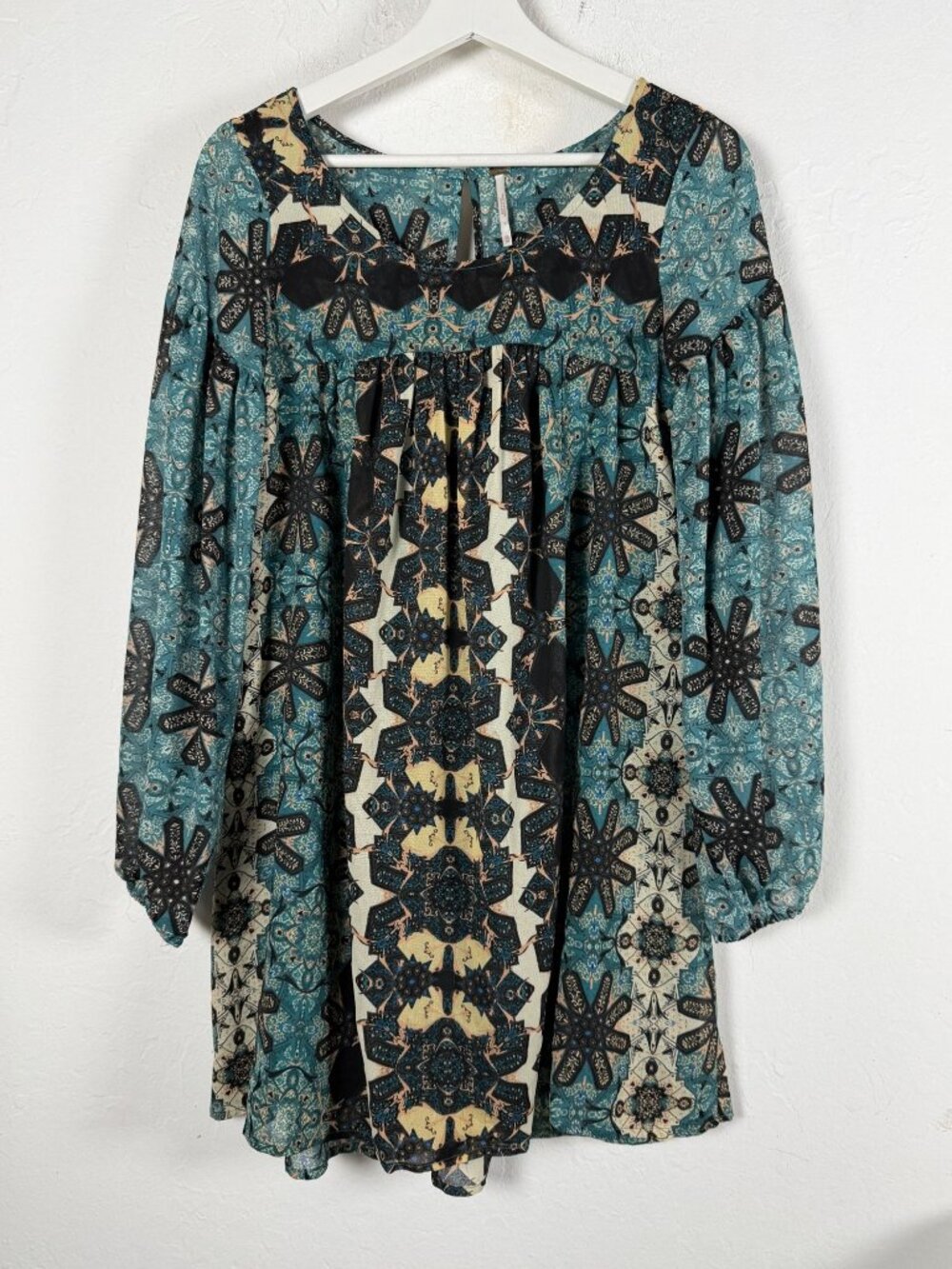 Free People Mini Dress Women XS Teal Blue Medallion Tile Print Boho Tunic Blouse